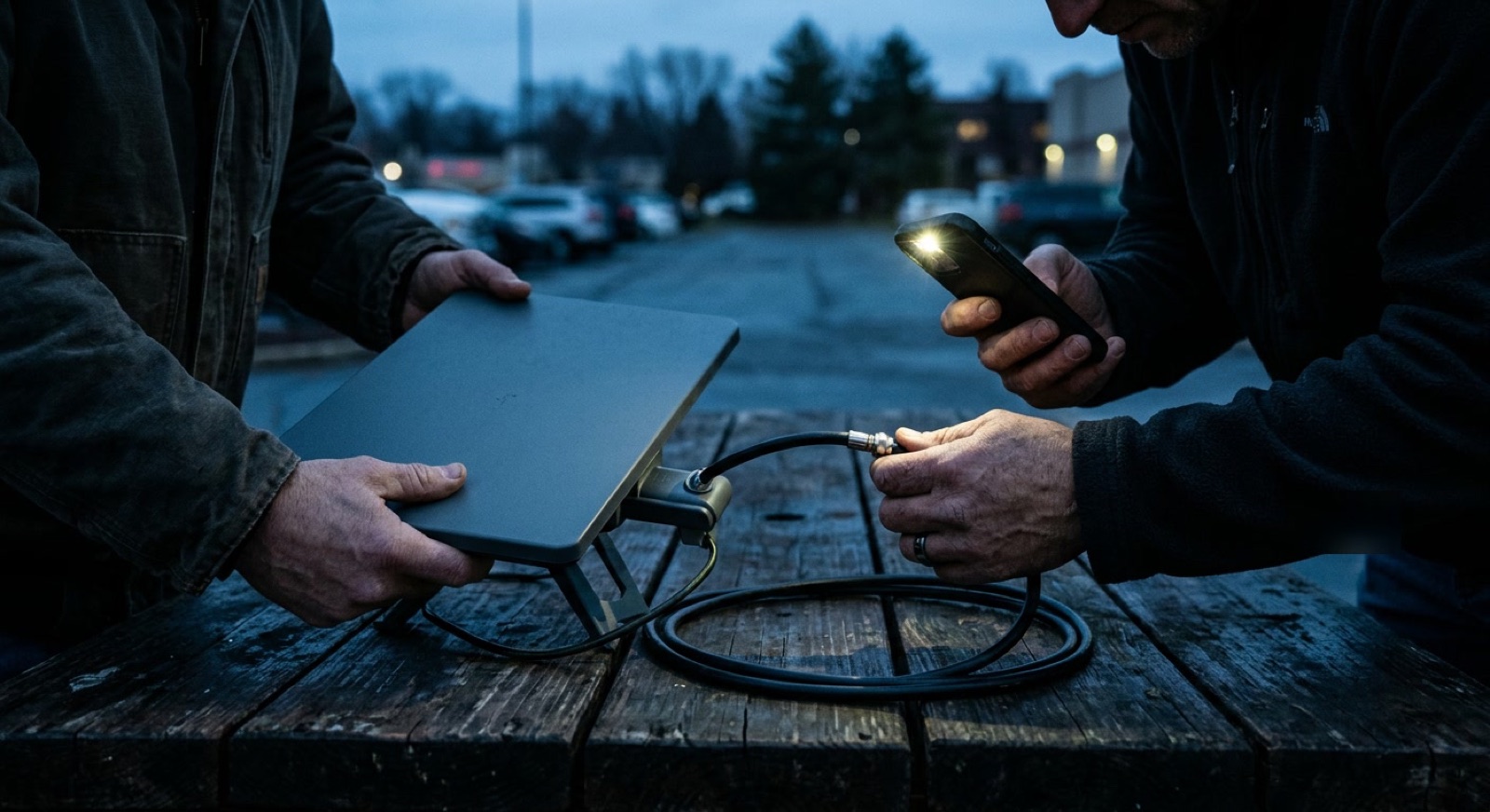 Two people inspecting a used satellite dish and its cable