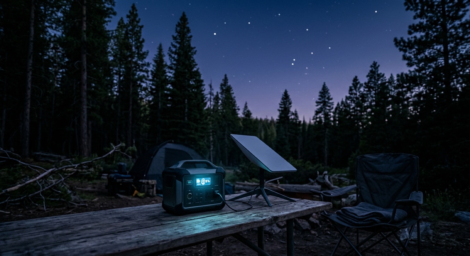 A portable power station running a small flat satellite dish on a camp table at dusk