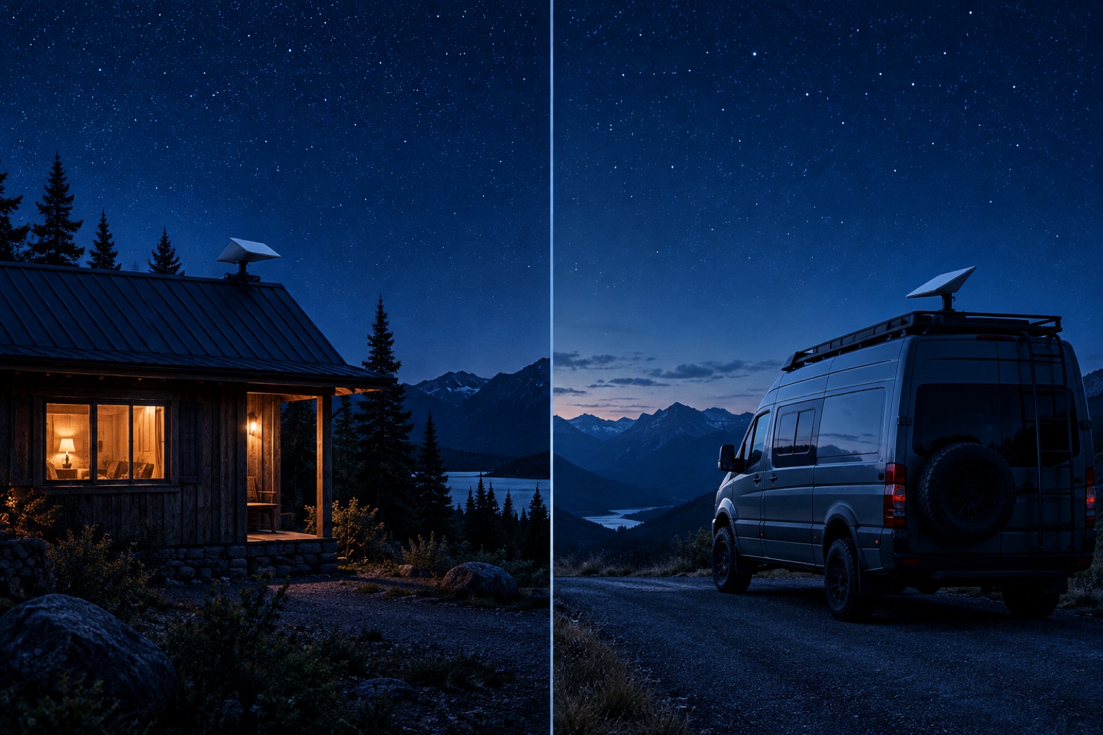 Split view: a cabin with a dish on its roof, and a camper van with a dish on a mountain road