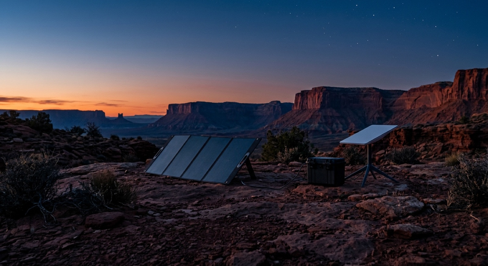 A folding solar panel, a battery and a small satellite dish set up in the desert at dusk
