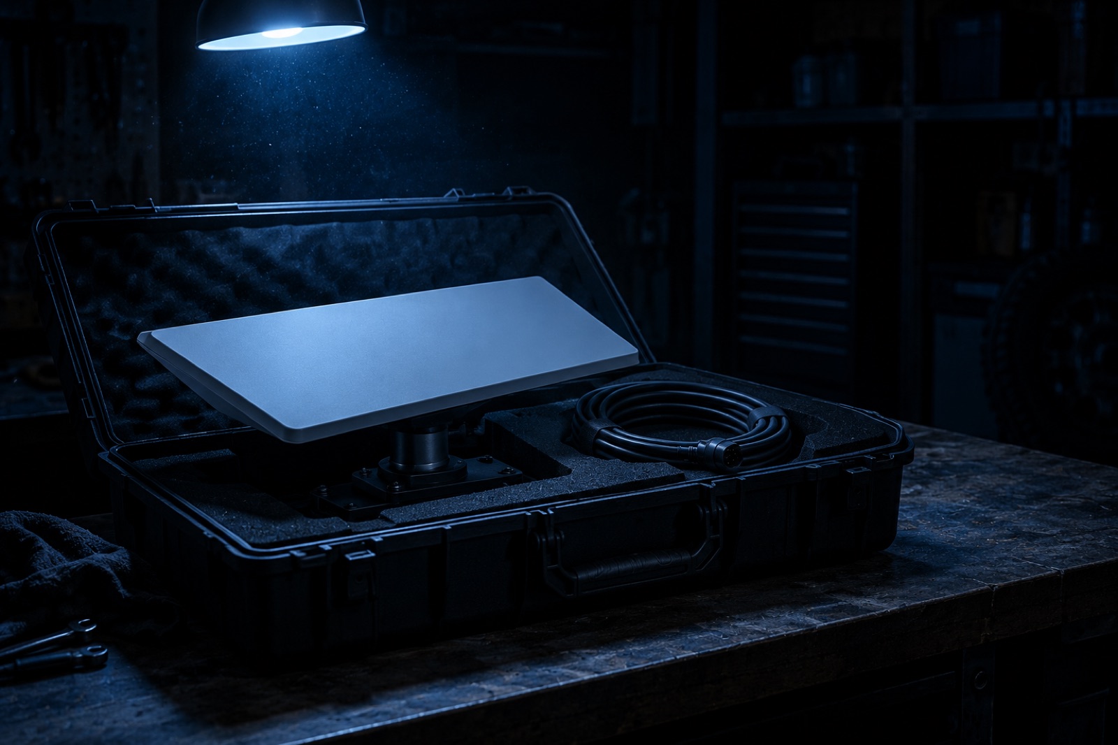 A flat satellite dish packed in a padded hard case on a workbench